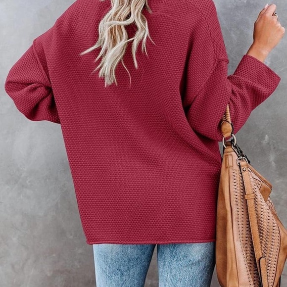 Red V-Neck Oversized Batwing Long Sleeve Loose V Neck Sweaters - Picture 3 of 11
